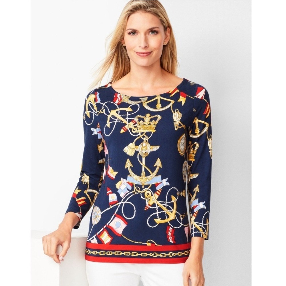 Talbots Petite Nautical Anchor Chain Print Long Sleeve Top Women Size S